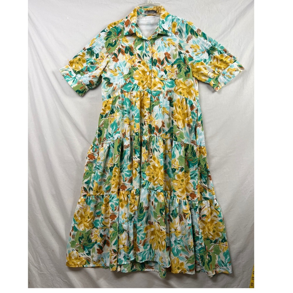 PrettyGarden Floral Tiered Midi Dress Women Small Tropical Pocket Short Sleeve
